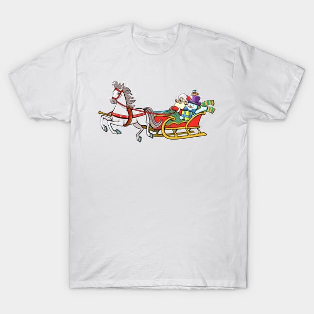 Santa Claus and Snowman in a horse-drawn sleigh T-Shirt by duxpavlic